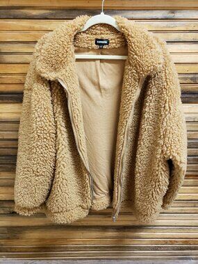 Express Oversized Tan Teddy Coat Sherpa Fleece Full Zip Jacket Cozy Camel M/L